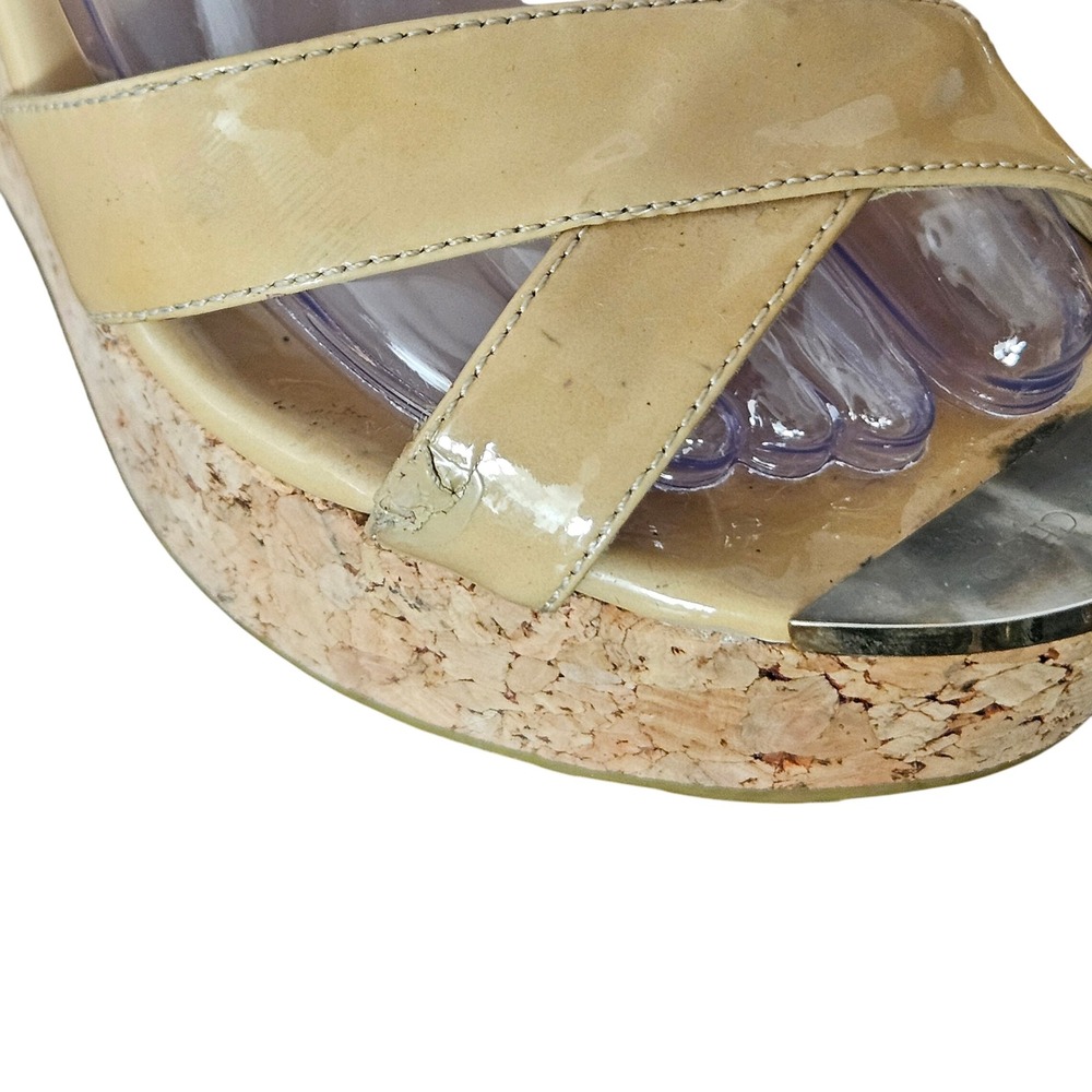 Jimmy Choo Nude Patent Leather Cork Wedge Sandals Ankle Strap Spain 38 Womens - Picture 5 of 9